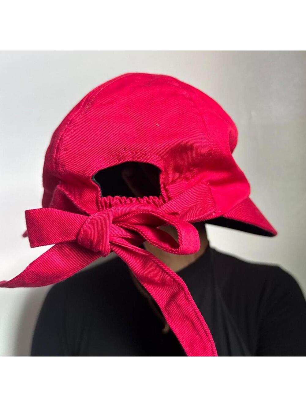 2000s Cherry Red Wide Brim Cotton Bucket Sun Hat Back Bow Fits Like One Size 24" View 4